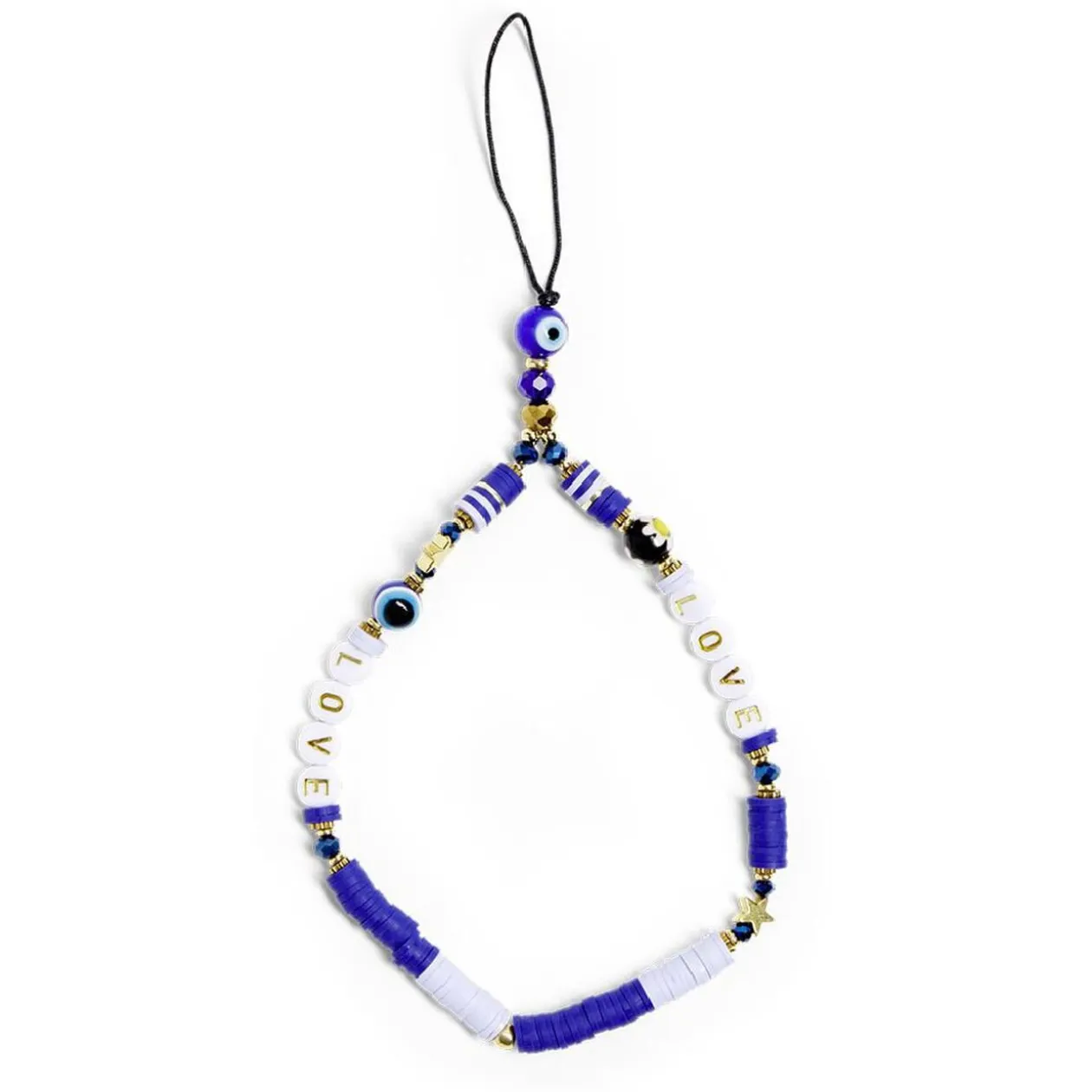 Bijou de téléphone perles doré blanc bleu L17cm