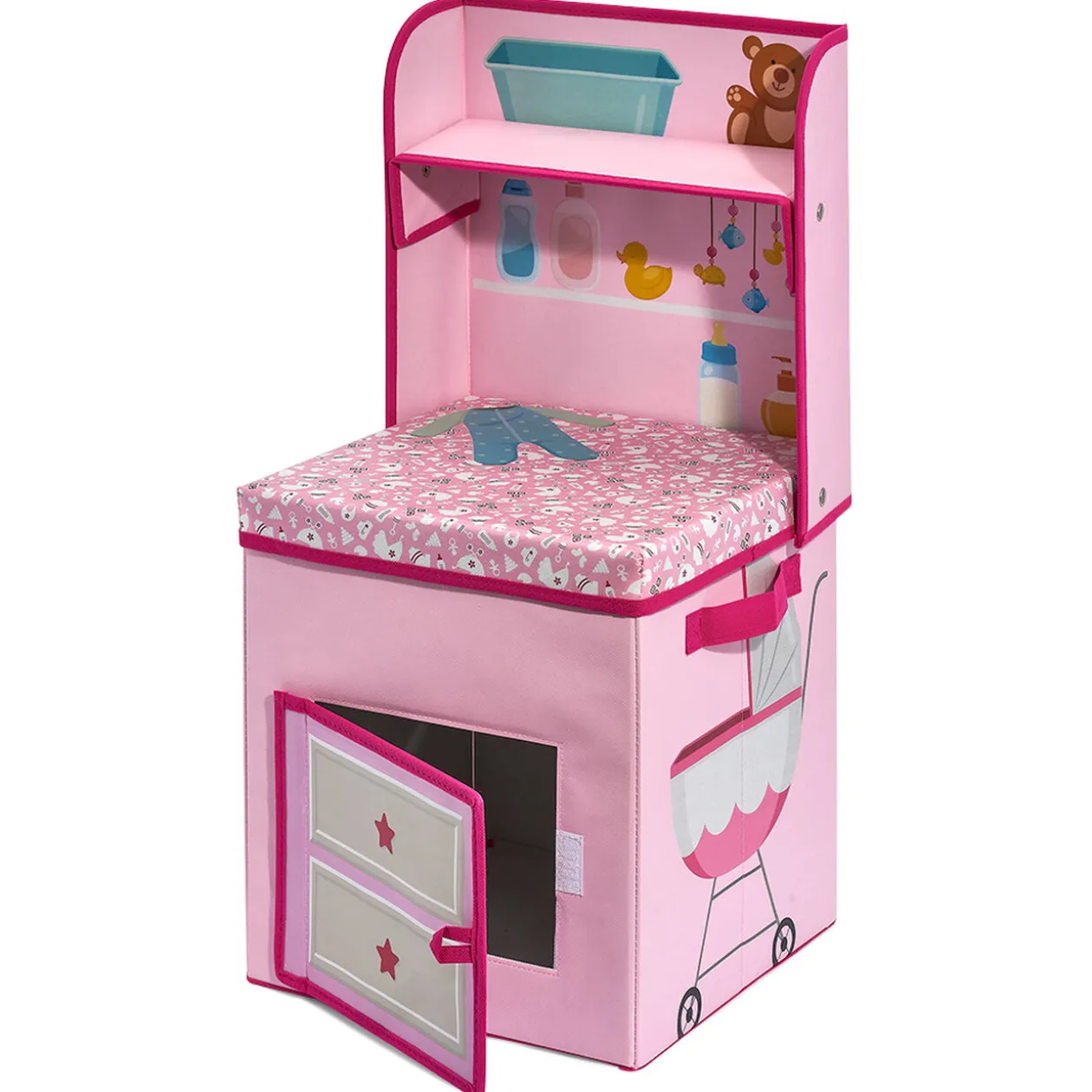 Boîte de rangement 2en1 table à langer rose pour enfant