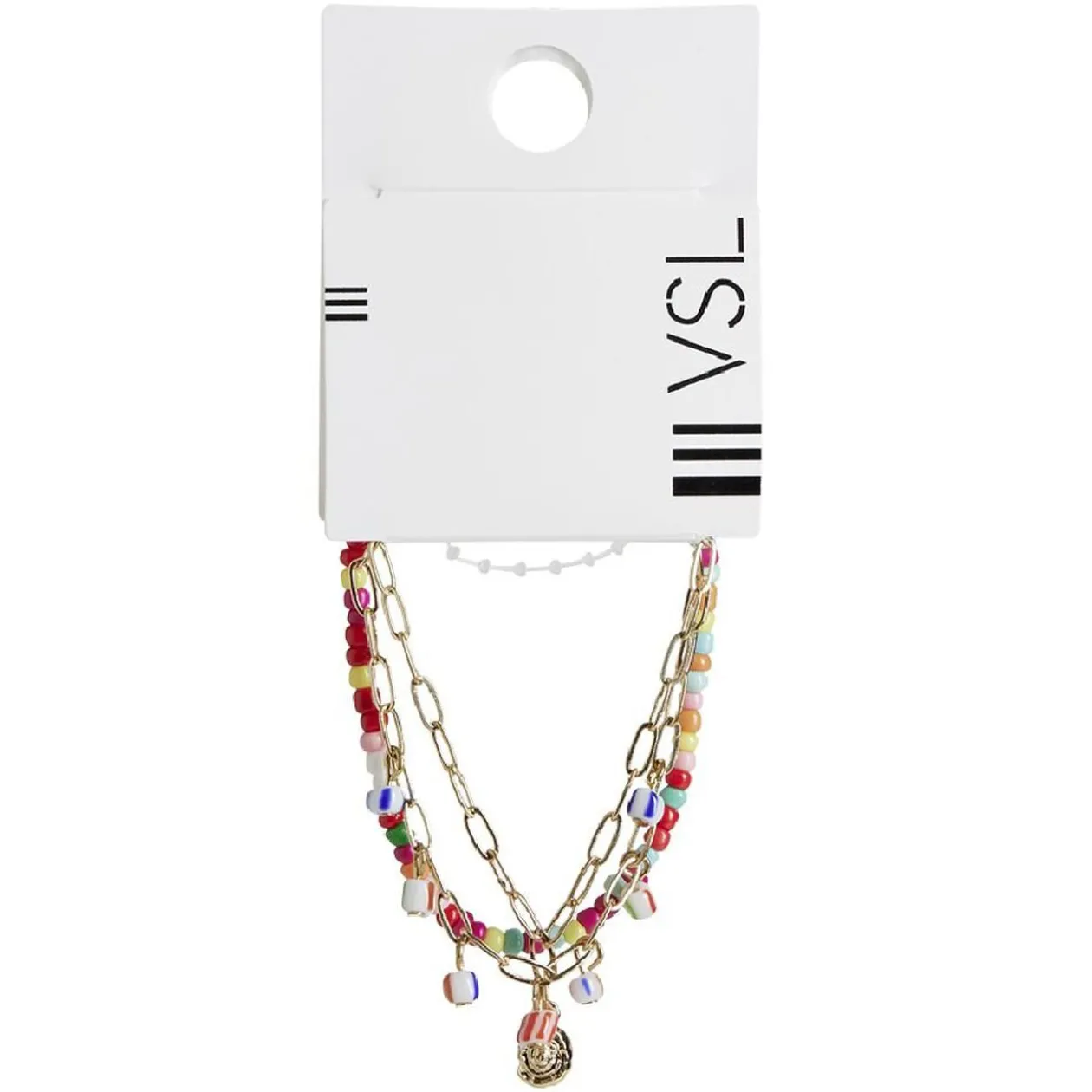 Bracelet 3 rangs chaîne dorée coquillage pampilles et perles muticolores