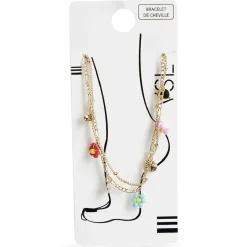 Bracelet de cheville 2 rangs pastilles dorées et fleurs multicolores