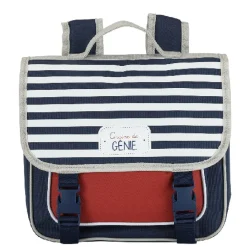 Cartable maternelle bleu rouge avec rabat rayé blanc bleu