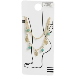 Chaîne de cheville 2 rangs pampilles feuilles dorées et perles vertes