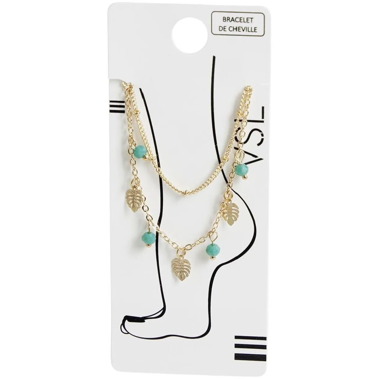 Chaîne de cheville 2 rangs pampilles feuilles dorées et perles vertes