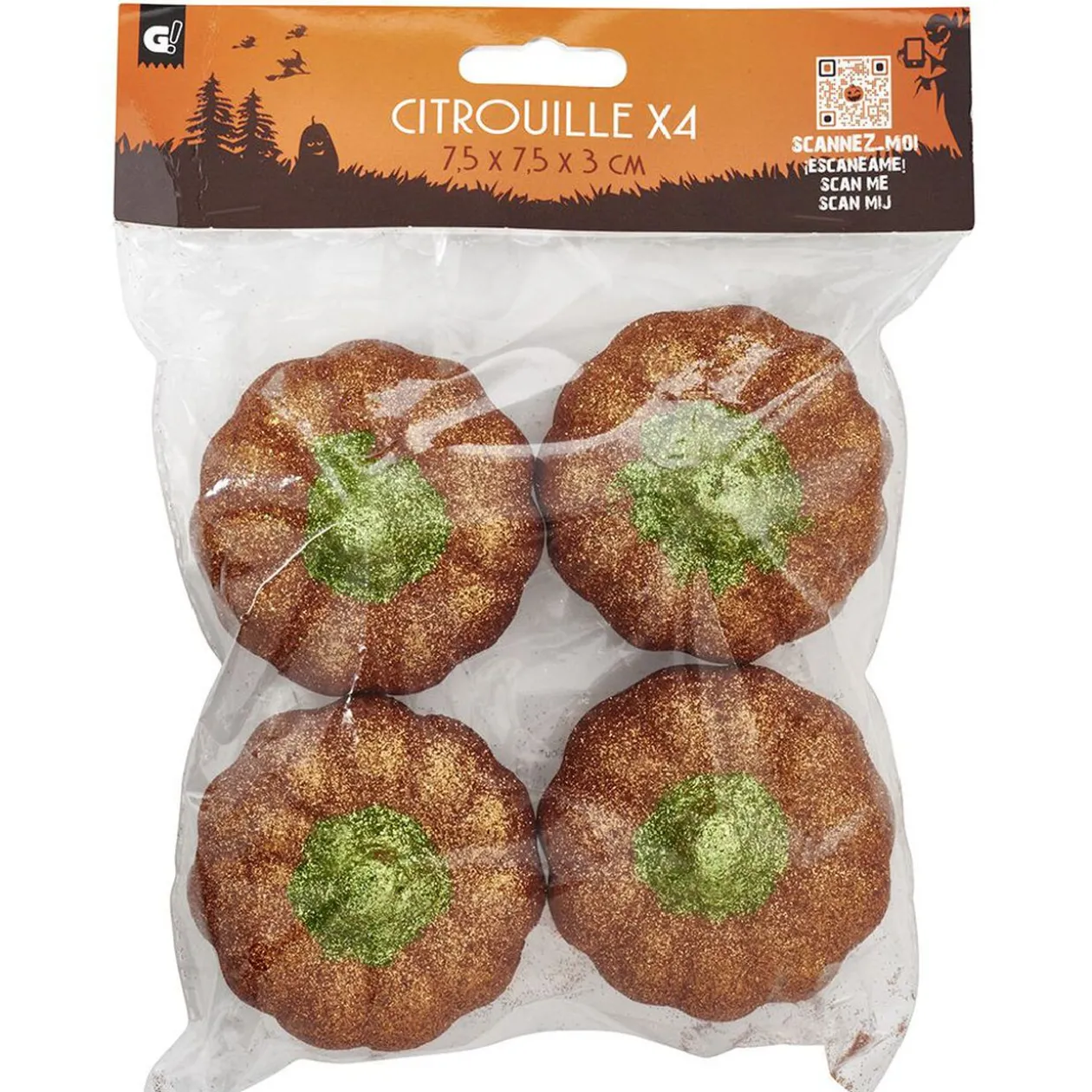Citrouille pailletée orange et vert Halloween x4