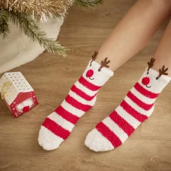 Coffret chaussettes en maille doudou motif Renne rayé rouge