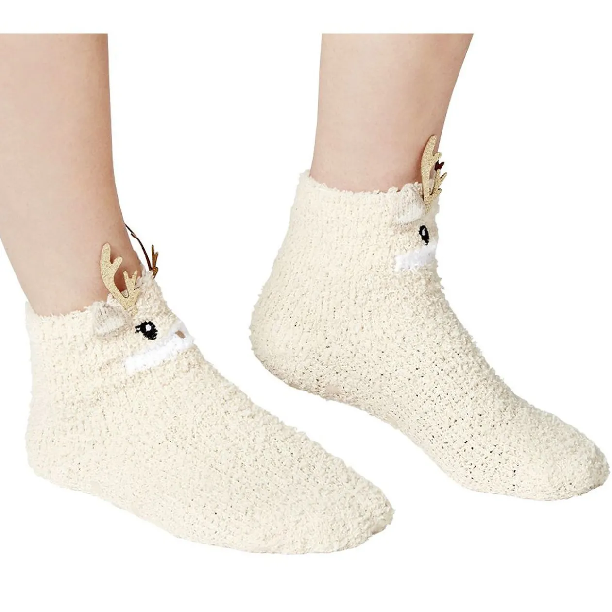 Coffret chaussettes en maille doudou motif Renne beige doré