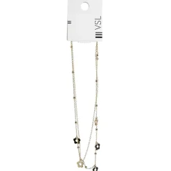 Collier chaîne 2 rangs avec perles et fleurs dorées