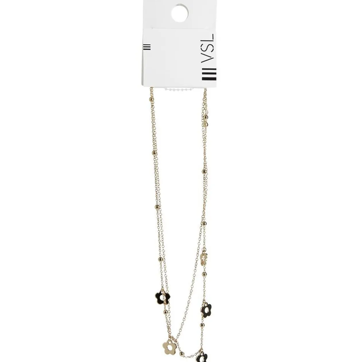 Collier chaîne 2 rangs avec perles et fleurs dorées