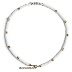Collier de perles Heishi blanc et doré avec mot LOVE