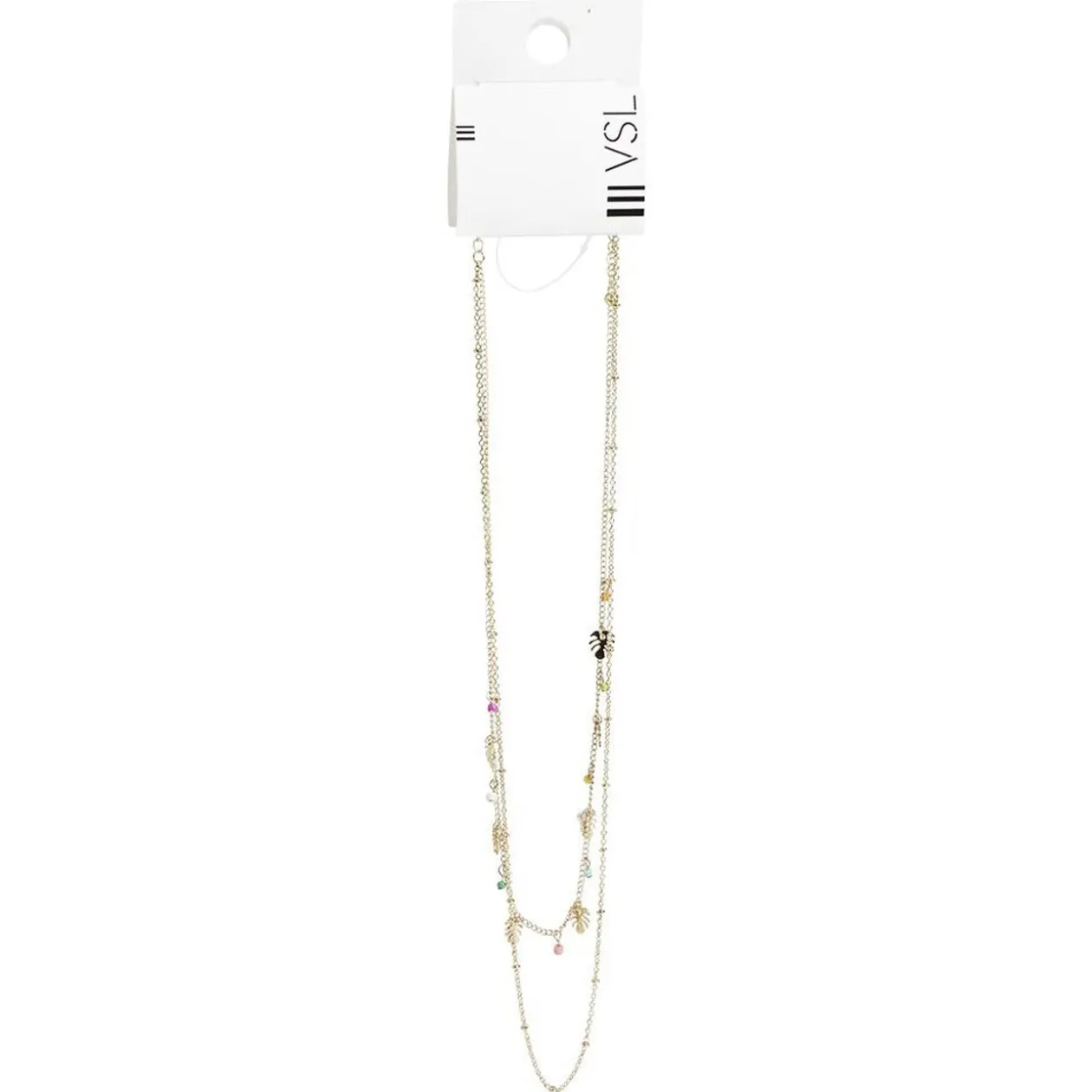 Collier double chaîne métal doré avec feuilles et perles multicolore