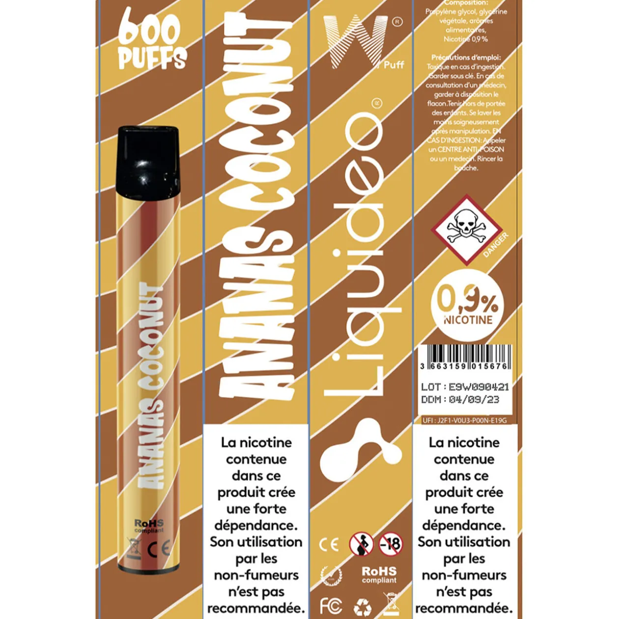 E-cigarette jetable ananas coconut 2 ml 0.9% nicotine