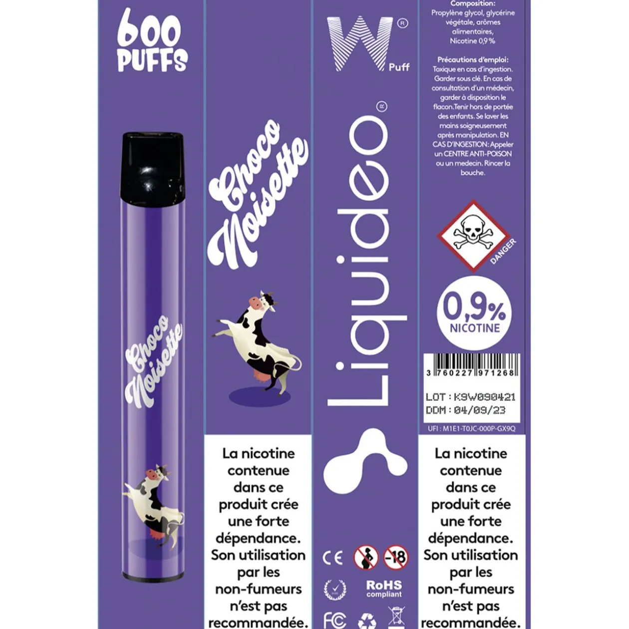 E-cigarette jetable choco noisette 2 ml 0.9% nicotine