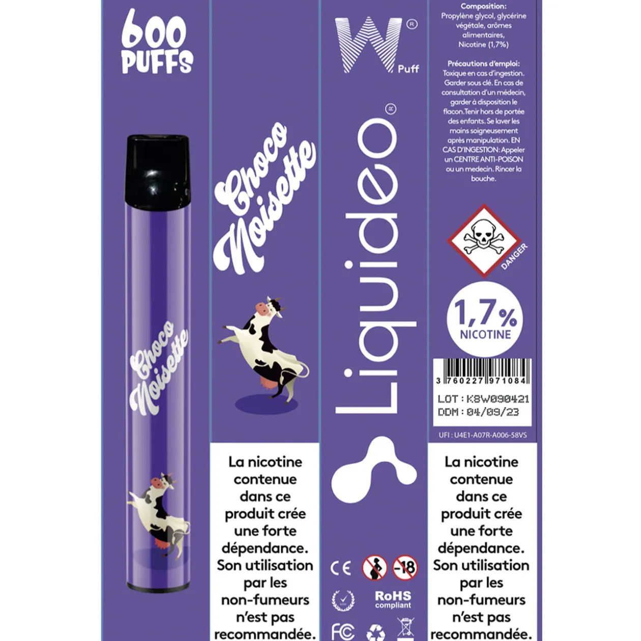 E-cigarette jetable choco noisette 2 ml 1.7% nicotine