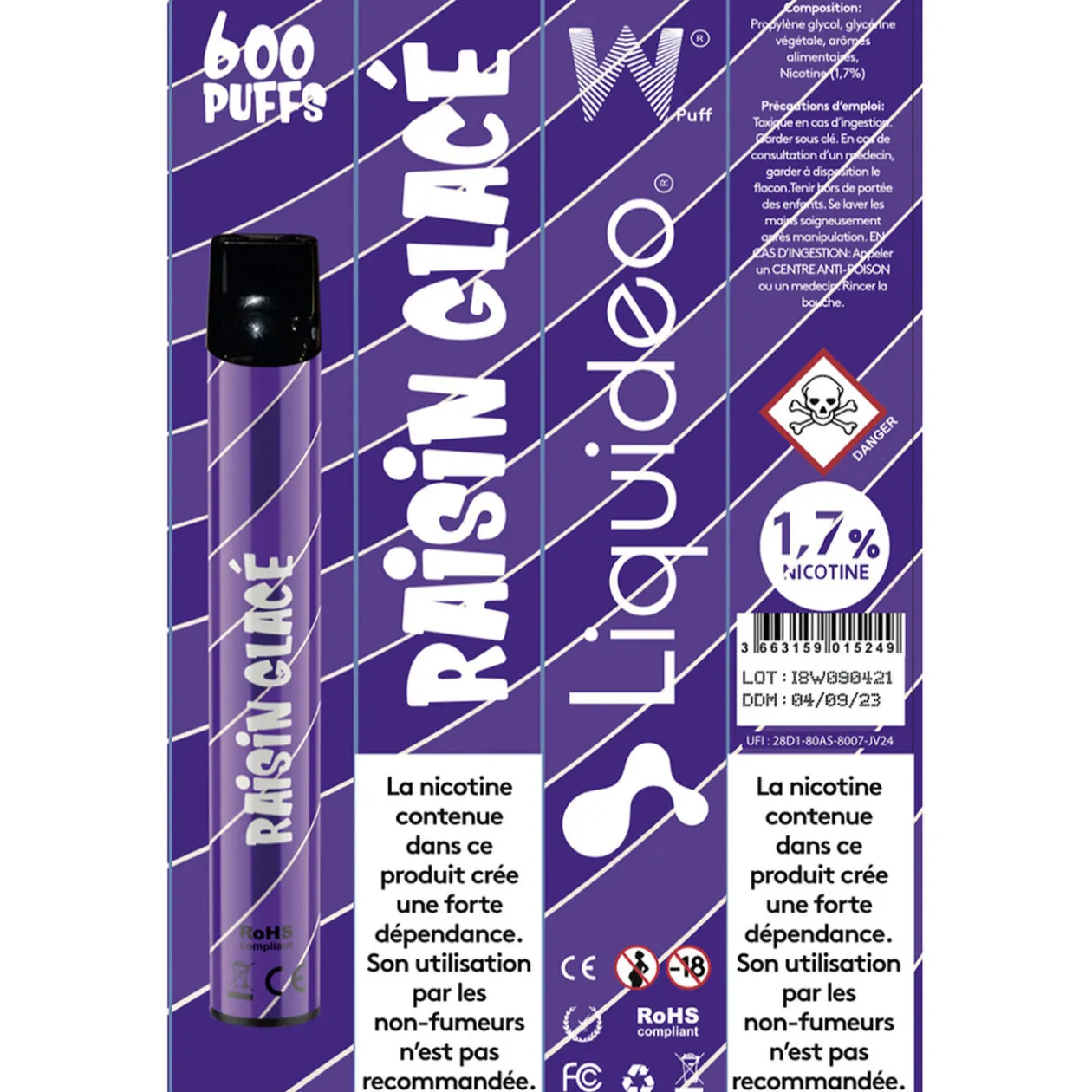 E-cigarette jetable raisin glacé 2 ml 1.7% nicotine