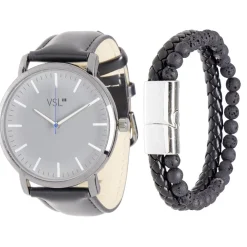 Ensemble montre et bracelet homme simili noir