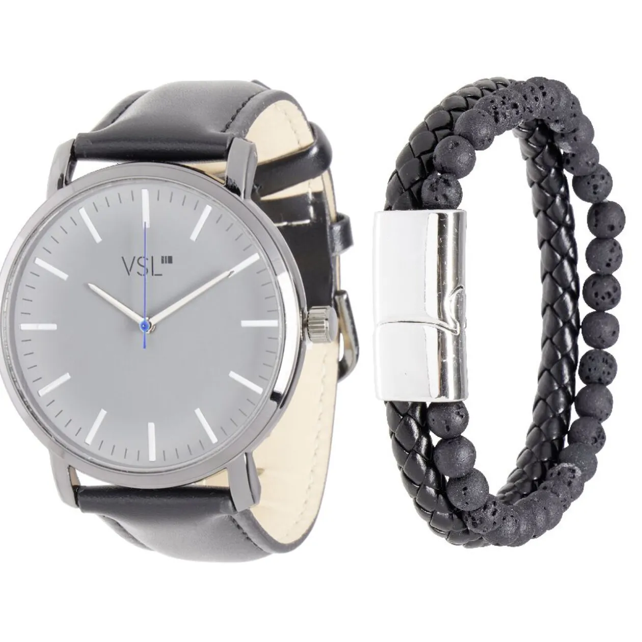 Ensemble montre et bracelet homme simili noir