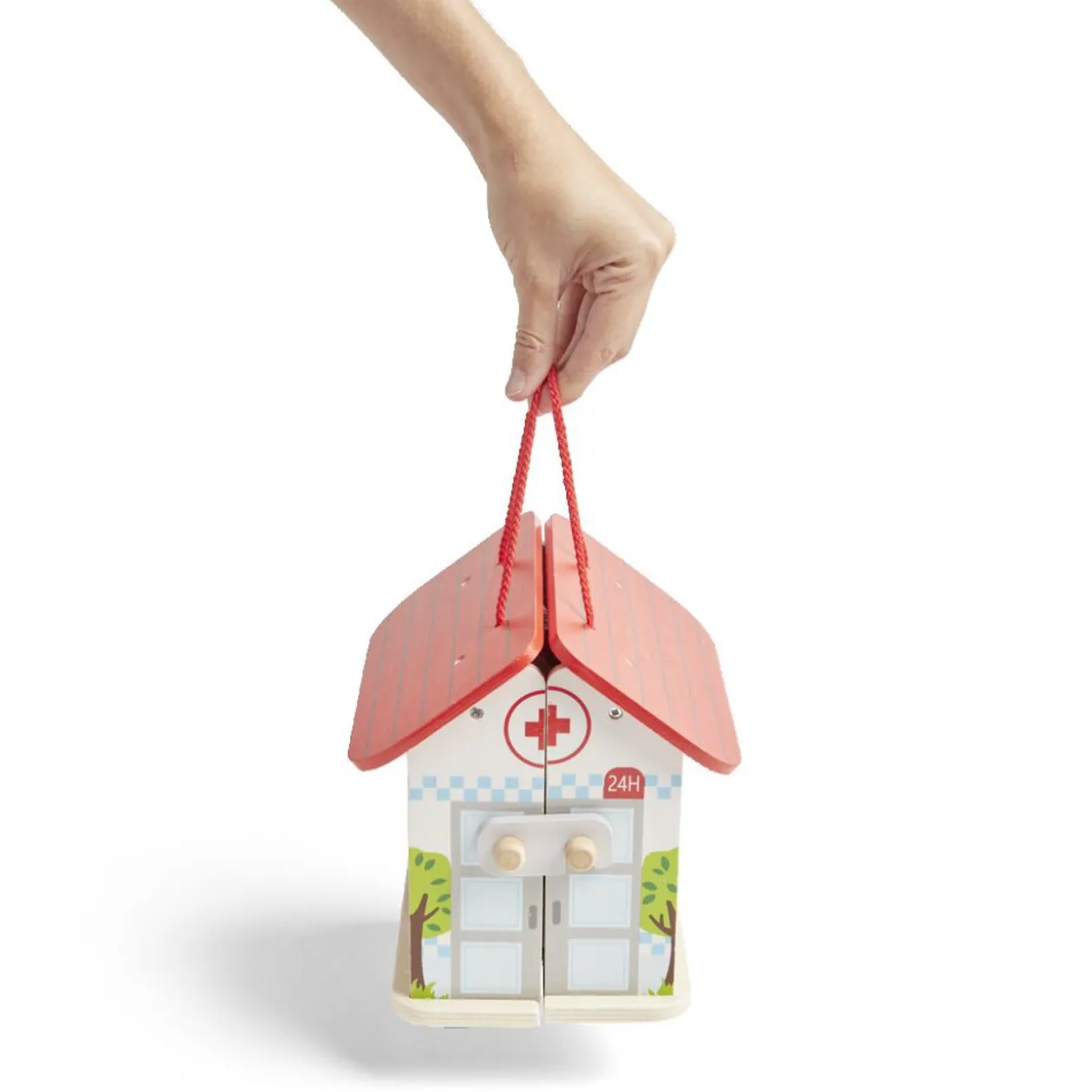 Ferme ou hôpital ou caserne de pompiers pliable en bois 20,5x17,5xH19cm