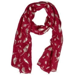 Foulard rouge bordeaux à motif plumes dorées