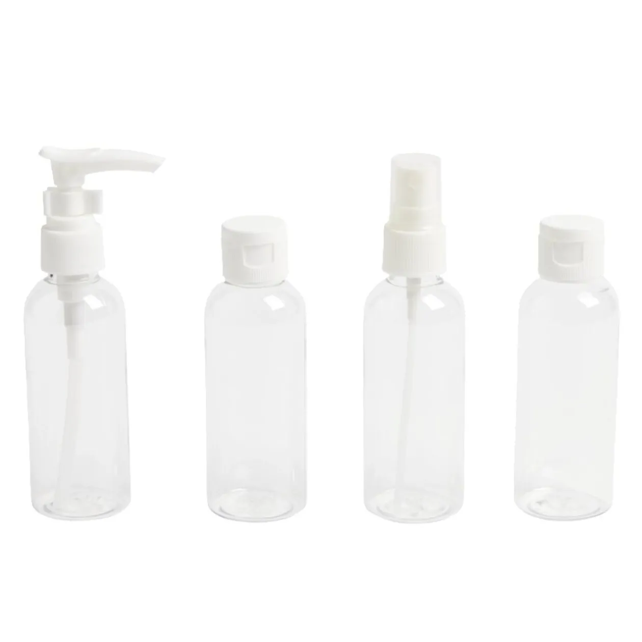 Kit 4 flacons de voyage + trousse en plastique transparent