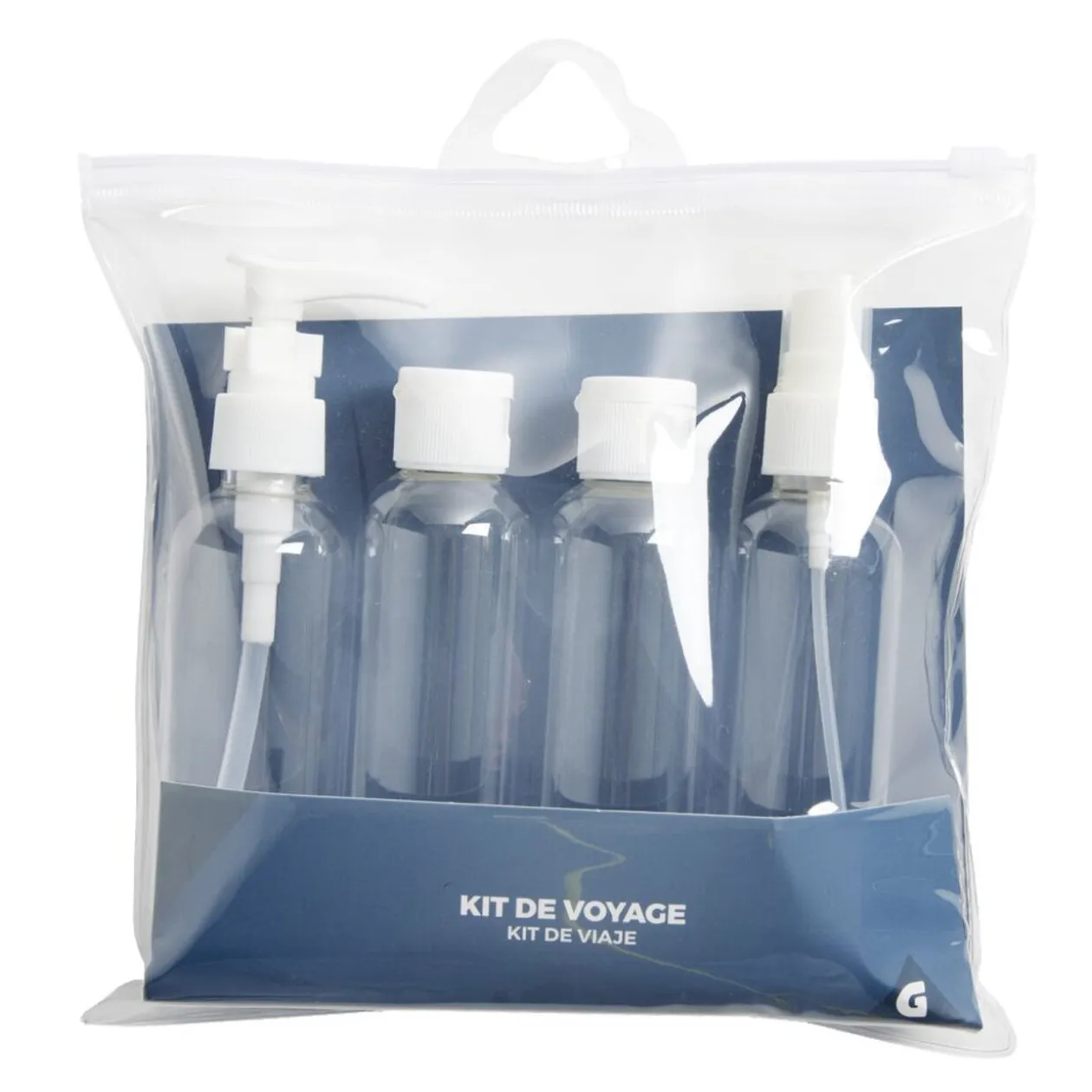 Kit 4 flacons de voyage + trousse en plastique transparent