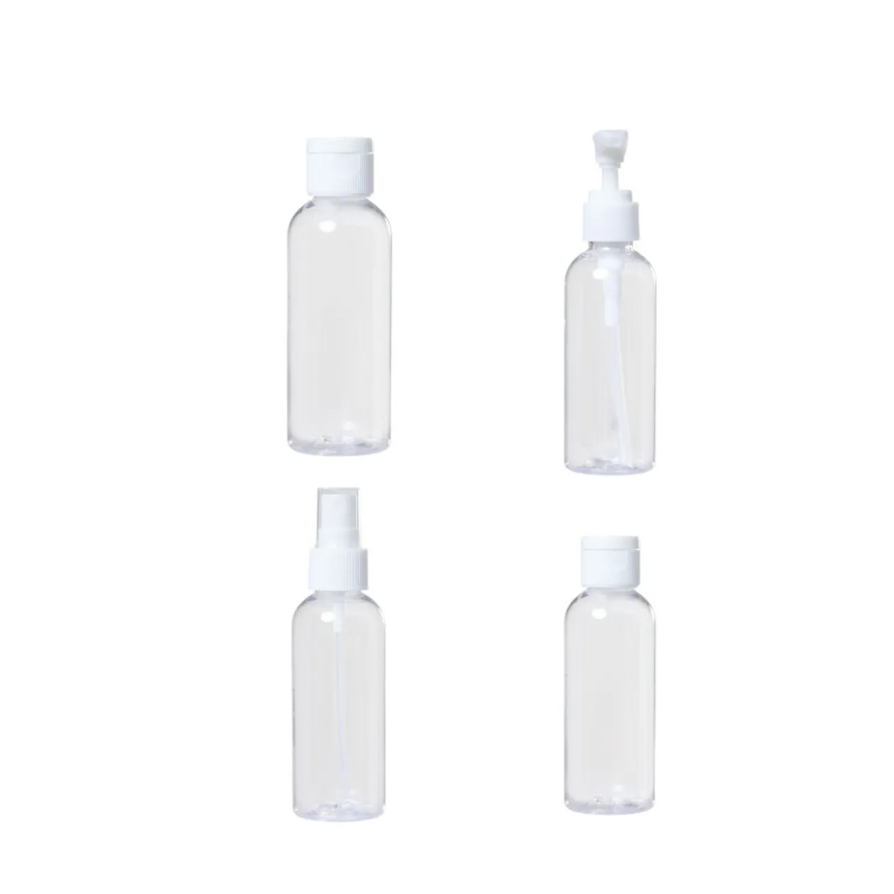 Kit 4 flacons de voyage + trousse en plastique transparent