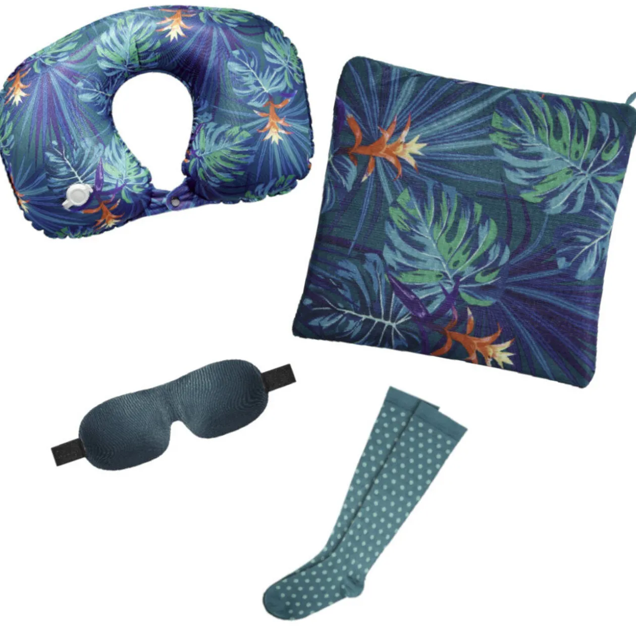 Kit de voyage 5 pièces imprimé tropical bleu vert