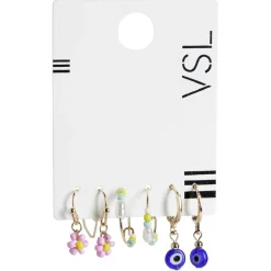 Lot de 3 paires de mini créoles colorées pendentif oeil/fleur/perles