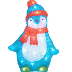 Pingouin lumineux bleu debout avec écharpe et bonnet rouge
