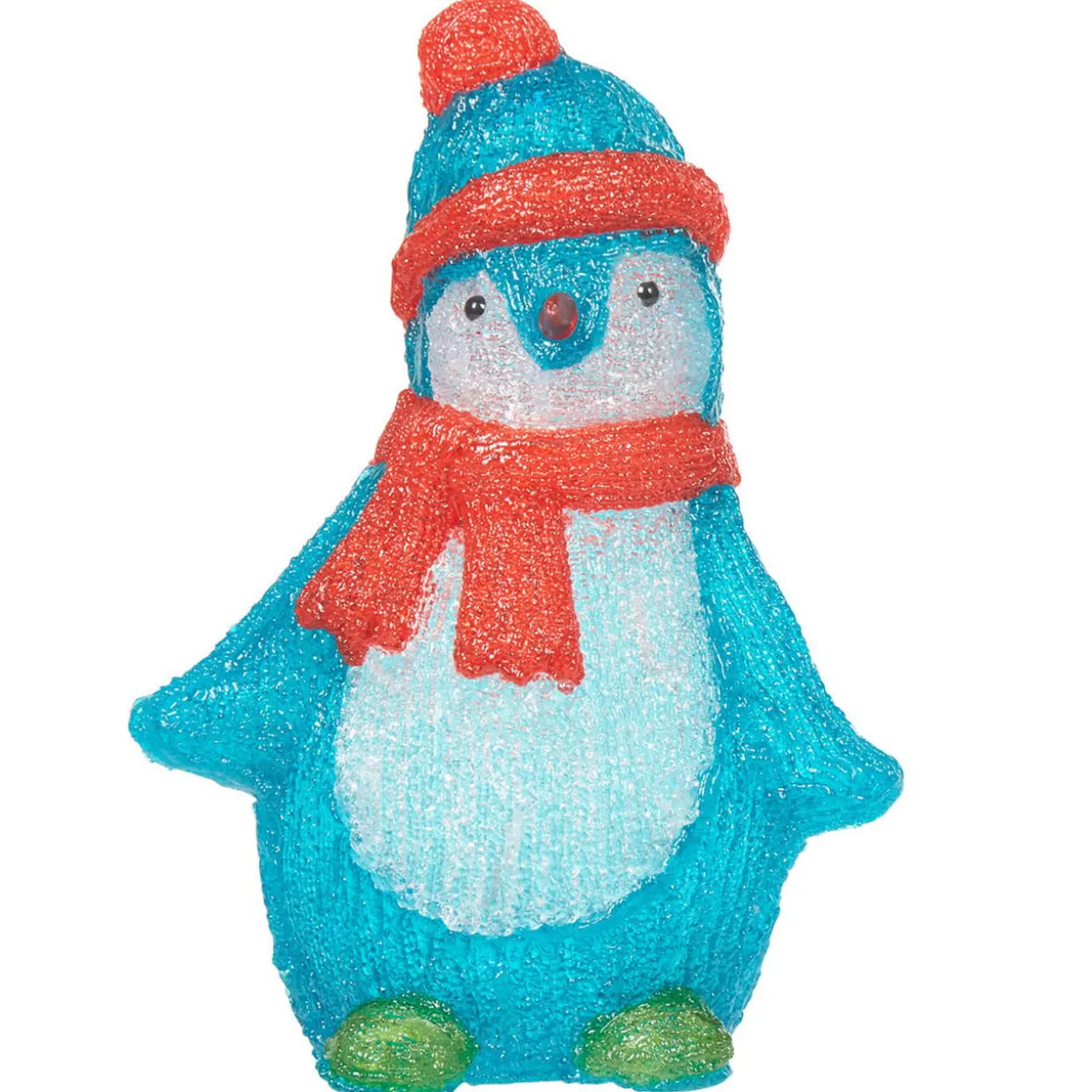 Pingouin lumineux bleu debout avec écharpe et bonnet rouge
