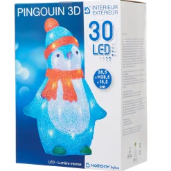Pingouin lumineux bleu debout avec écharpe et bonnet rouge
