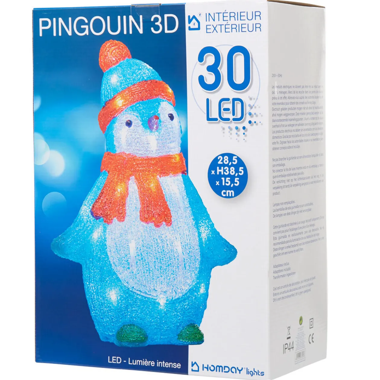 Pingouin lumineux bleu debout avec écharpe et bonnet rouge