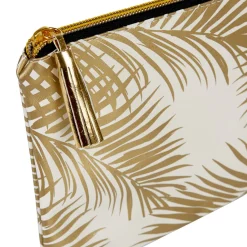 Pochette à maquillage motif feuillage tropical doré