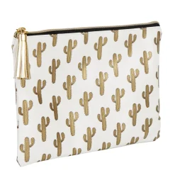 Pochette à maquillage motif tropical cactus doré