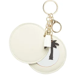 Porte-clé miroir décor palmier avec pompon rose ou beige