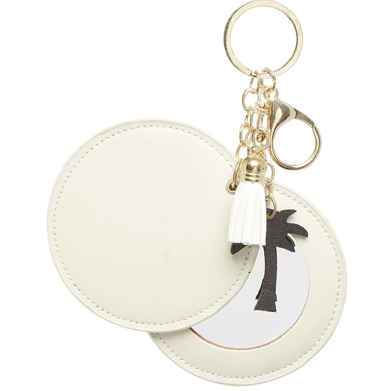 Porte-clé miroir décor palmier avec pompon rose ou beige