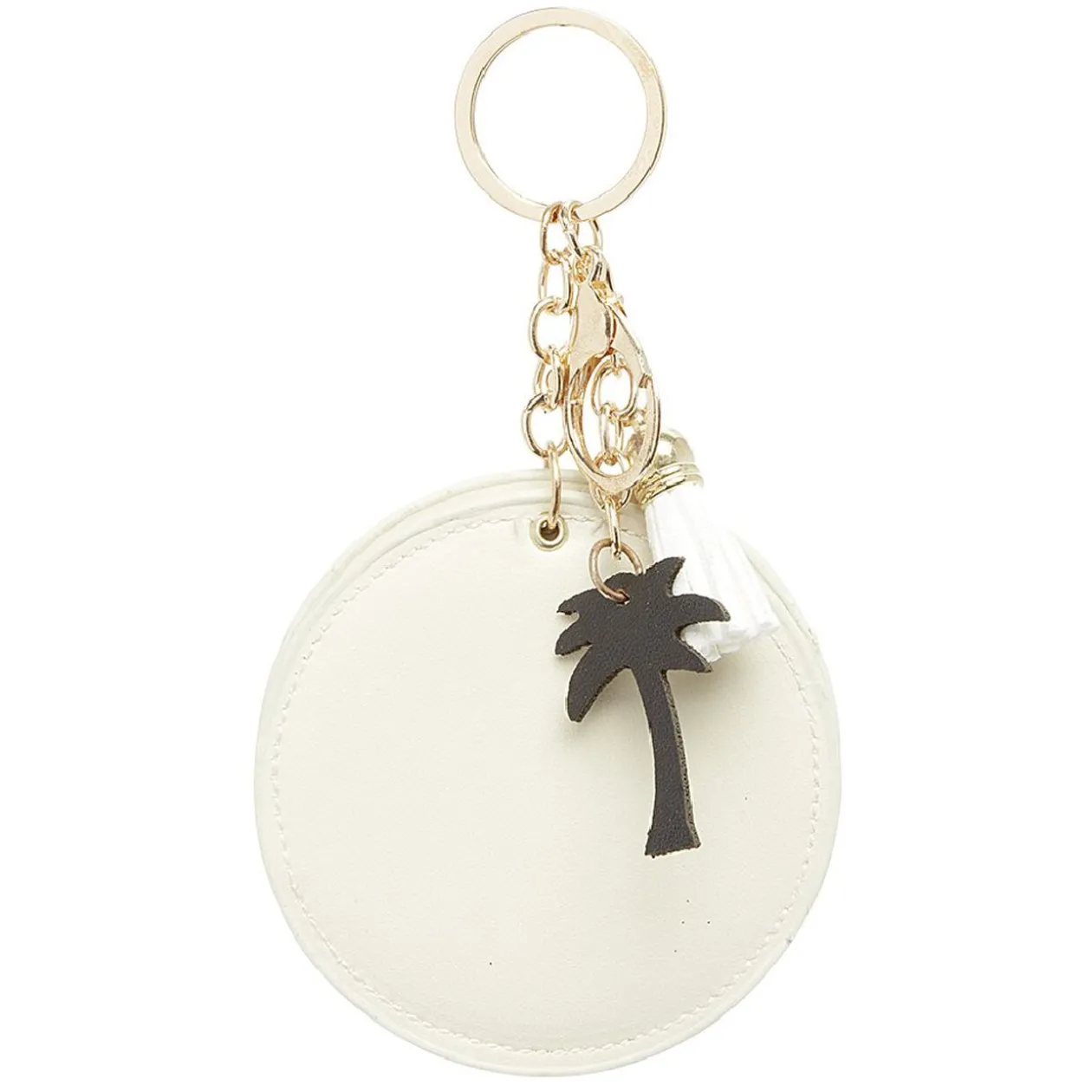 Porte-clé miroir décor palmier avec pompon rose ou beige