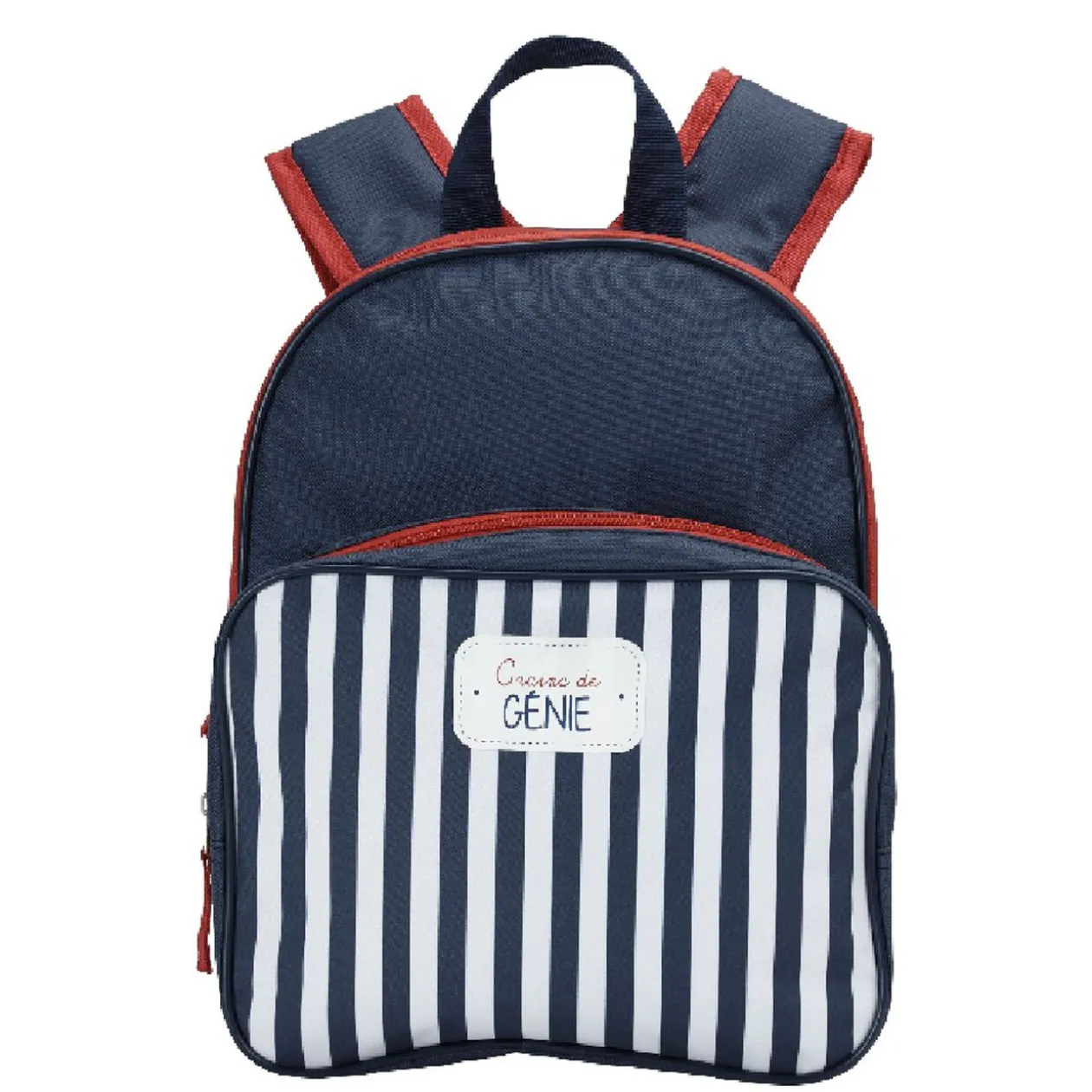 Sac à dos maternelle bleu rouge avec rabat rayé blanc bleu
