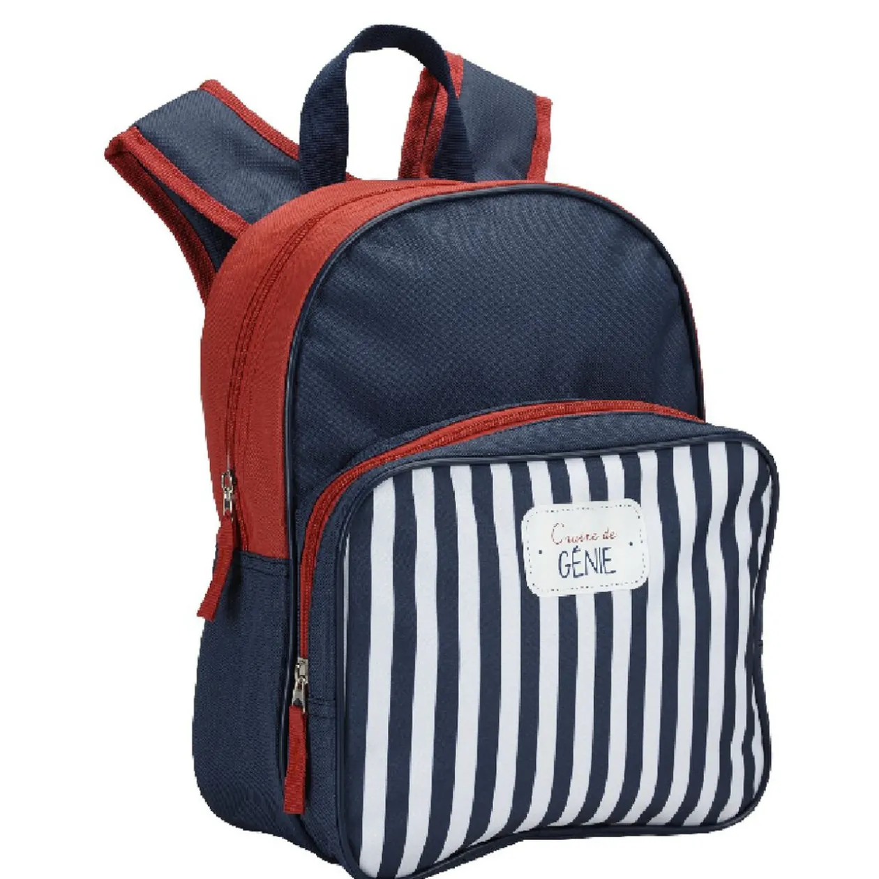 Sac à dos maternelle bleu rouge avec rabat rayé blanc bleu