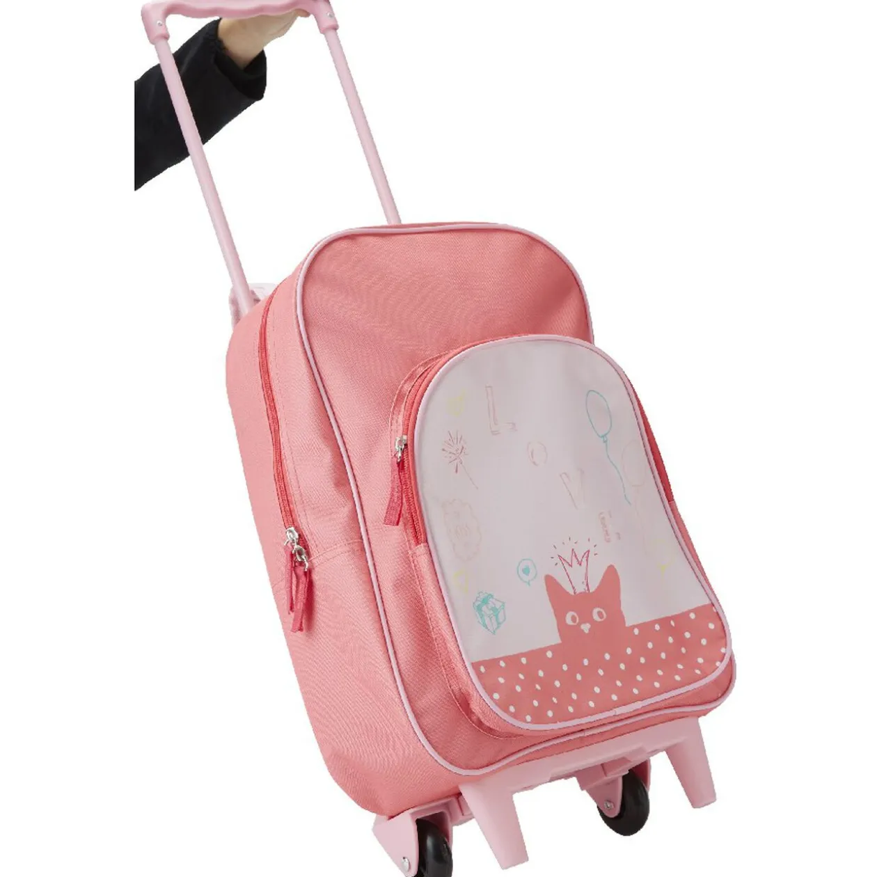 Sac à dos Trolley rose motif chat avec roulettes