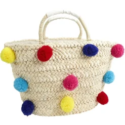 Sac de plage panier en paille à pompons colorés