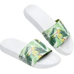 Sandales claquettes plastique blanc imprimé feuillage vert