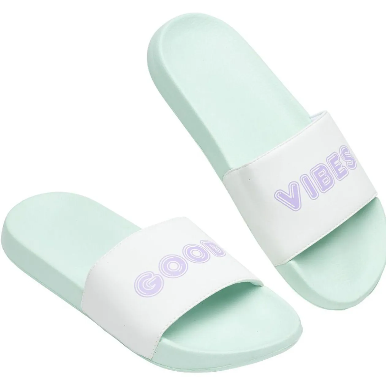 Sandales claquettes plastique vert imprimé Good vibes