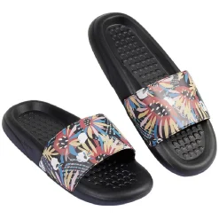 Sandales claquettes plastique noir motif feuillage multicolore 40/41