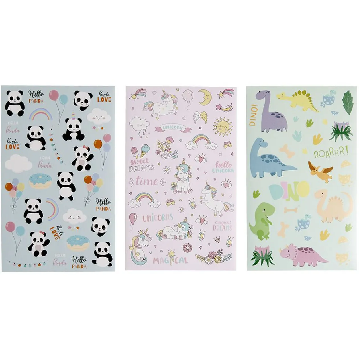 Sticker enfant licorne panda dinosaure 6 feuilles