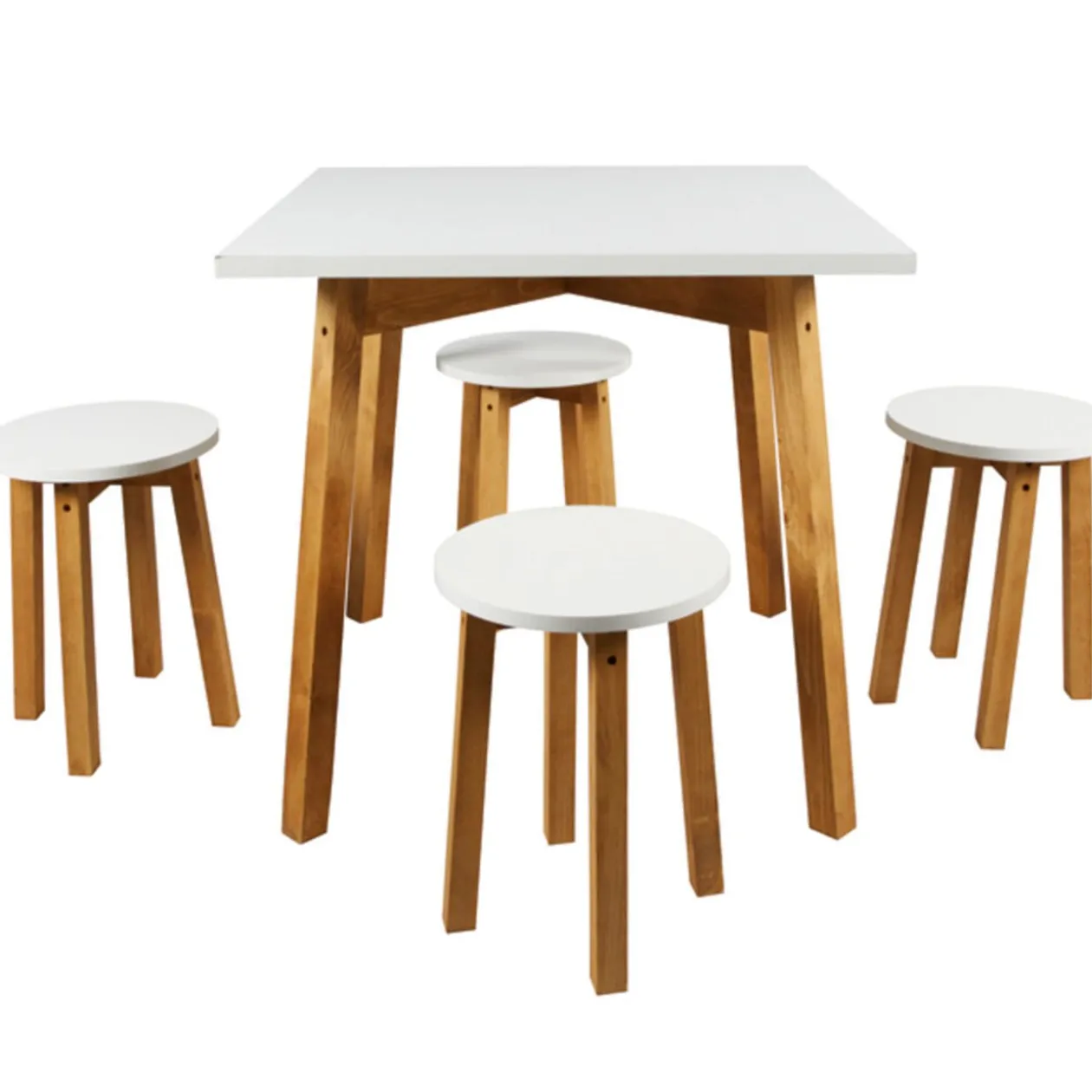 Table et 4 tabourets blanc pied marron