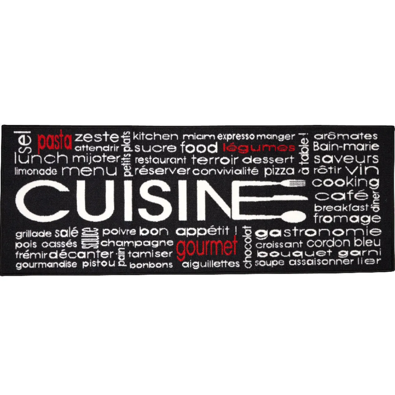 Tapis de cuisine noire motif inscriptions blanches et rouges