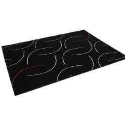 Tapis géométrik noir design courbes blanches et rouges