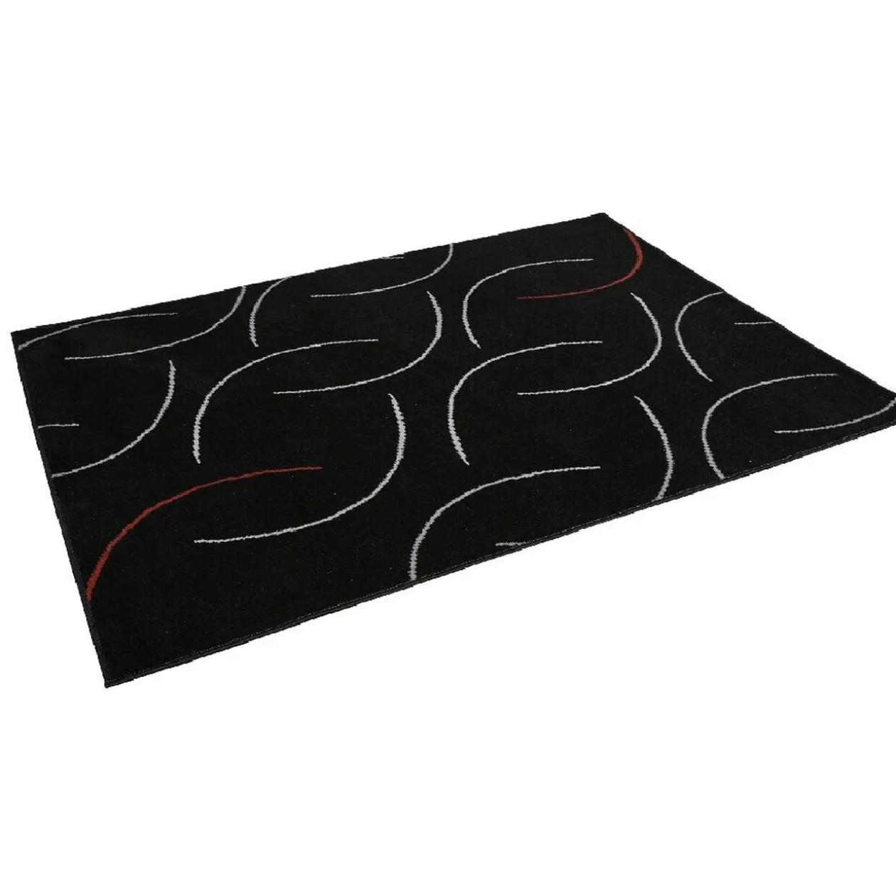 Tapis géométrik noir design courbes blanches et rouges