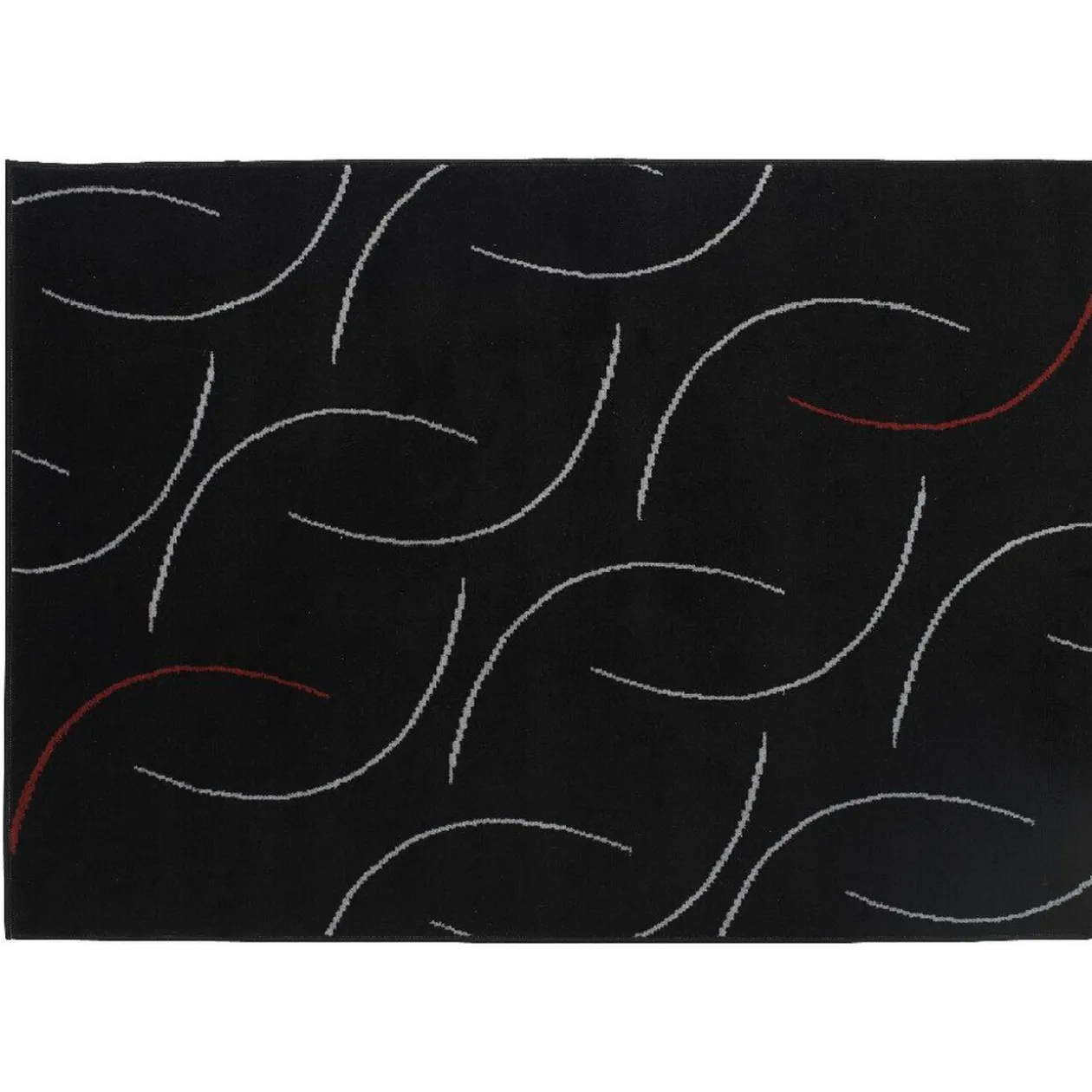 Tapis géométrik noir design courbes blanches et rouges