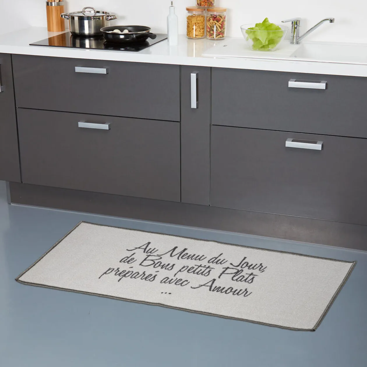 Tapis rectangulaire gris design Au menu du jour